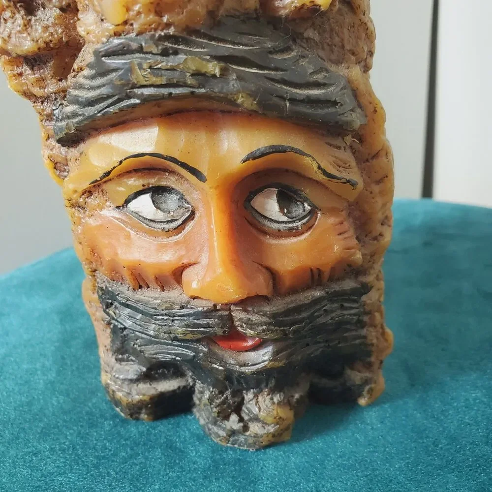Vintage German Carved Tree Spirit Bearded Man Face Wax Candle Brown 5.5